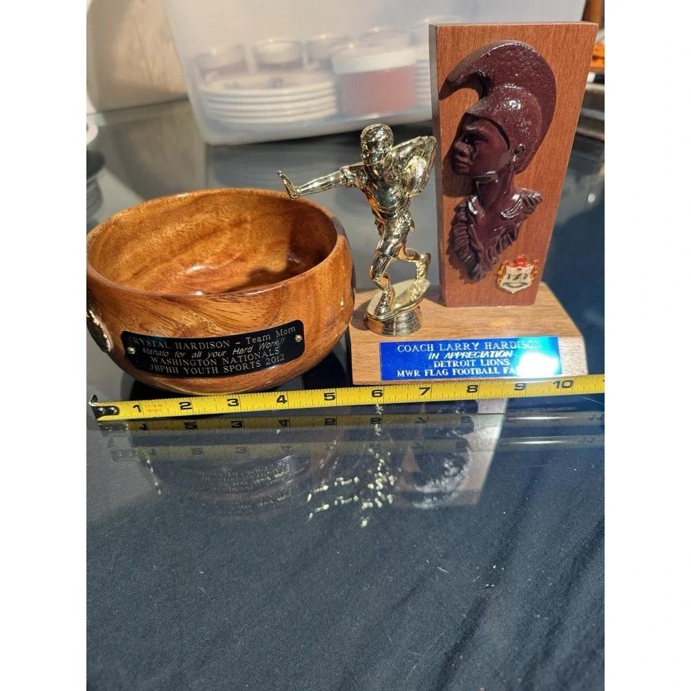 Lot of 2 Sports Awards – Football Trophy & Custom Wood Bowl – 2011–2012